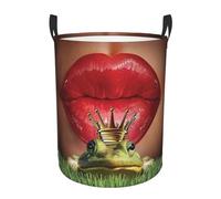 Red Lips Getting Ready To Kiss A Frog Collapsible Oxford Fabric Laundry Hamper, Waterproof With Handles - Foldable Storage Basket For Bedroom, Bathroom, Kitchen, Nursery, Car & Toys
