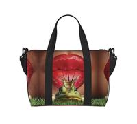 Red Lips Getting Ready to Kiss A Frog Print Gym Bag for Women, Weekender Overnight Bag,Personal Item Bag, Shoulder Bag for Women Men,One Size
