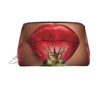 Red Lips Getting Ready to Kiss A Frog Print Makeup Bag, Cosmetic Bag,Women Pu Leather Cosmetic Bags with Wrist Strap Travel Toiletry Pouch Makeup Bag