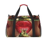 Red Lips Getting Ready to Kiss A Frog Print Womens Sports Bags Travel Bag - Gym Tote Bag with Compartment,Duffel Bags for Men,Ladies Holdall,Carry On Weekend Travel Handbags for Women