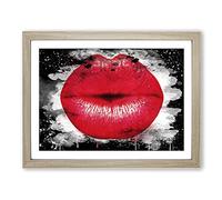 Red Lips Kiss Modern CB Framed Wall Art Print, Ready to Hang Picture for Living Room Bedroom Home Office Décor, Oak A2 (64 x 46 cm)