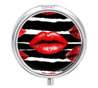 Red Lips Kiss Pill Box 3 Compartment Travel Pill Organizer with Small Mirror Portable Pillcase for Pocket & Purse Cute Round Medicine Case Weekly Medicine Container