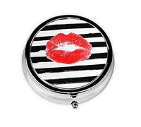 Red Lips Kiss Print Pill Box 3 Compartment Small Pill Case with Mirror Pill Organizer for Outdoor Travel Pocket Purse