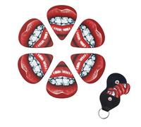 Red Lips with Diamond Guitar Picks 6 Pack, 0.96mm Thickness Celluloid Bass Pick with Leather Guitar Pick Holder Keychain Abstract Art Pics Plectrum for Acoustic Electric Guitar, Ukulele, Bass