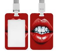 Red Lips with Diamond ID Badge Holder Clear Badge Protectors with Detachable Lanyard Strap Vertical Hard Plastic Sleeve Secures Work ID Card Credit Cards for Office Factory