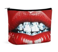 Red Lips with Diamond Makeup Bag, Portable PU Leather Cosmetic Bag with Zipper Pouch, Waterproof Travel Toiletry Bag for Women Men