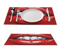 Red Lips with Diamond Placemat, 4 PCS PVC Placemats Washable Non-Slip Place Mats for Dining Table, Wipeable Table Mat for Party Kitchen Dining Decor
