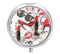 Red Lipstick Shoes Glasses Perfume Iron Pill Box Case Organizer with Internal Separate Plastic Dividers, Travel Small Medicine Bag Holder Carrier Round Container