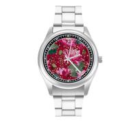 Red Lo-Tus Flowers Pattern Men's Quartz Watch Stainless Steel Bands Easy Read Minimalist Wristwatches Daily Business
