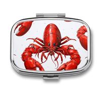 Red Lobster Print Pill Box Elegant Metal Pill Case with 2 Compartments, Slim Portable Medicine Organizer for Purse, Pocket, Travel