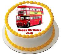 RED LONDON BUS Premium Quality Edible Large 7.5 Inch Round Icing Cake Topper - Text can be Customizable - Make your Celebrations Memorable with Our Delightful Charming Cake Toppers D5