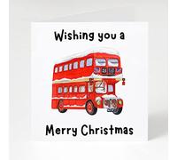 Red London Bus with Snow Christmas Card, London Theme Christmas Card for Bus Driver London Resident Double Decker Bus Lovers Xmas Card