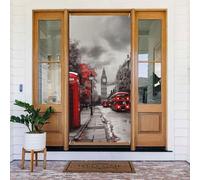 Red London Street Door Cover Decorations, Welcome Door Banner Backdrop Seasonal Spring Summer Porch Banner Sign Photo Background for Indoor Outdoor Party Decor 72.8 x 35.4 Inch