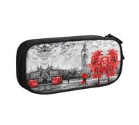 Red London Street Large Capacity Double Layer Pencil Case,Customizable Full Print Polyester Fabric Organizer-School, Office, Travel Makeup Pouch
