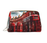 Red London Street Leather Hand-Held Zipper Makeup Bag Cute Make Up Case Large Wide-Open Pouch Pen Case