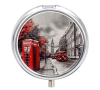 Red London Street Pill Box 3 Compartment Travel Pill Organizer 3 Times A Day Cute Mini Pill Case for Purse & Pocket Portable Metal Medicine Box with Mirror Round Daily Medicine Vitamin Container