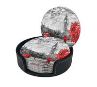 Red London Street Print Chic Round Leather Coasters – Set Of 6 Full-Print Coasters In A Premium Pu Leather Storage Box