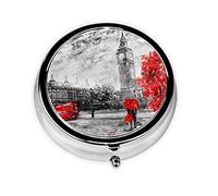 Red London Street Print Compact Round Mini Pill Box - Portable & Convenient Full-Print Design Pill Organizer