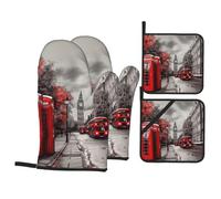Red London Street Print Oven Mitts and Pot Holders Sets 4pcs High Heat Resistant Kitchen Oven Gloves and Hot Pads Non-Slip Waterproof Potholder for Baking Cooking BBQ