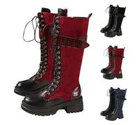 Red Long Lace up Boots for Women UK Goth Platform Chunky Heel Lug Sole Boots Biker Combat Military Boot Croc Print Front 2-Tone Boot with Side Zip Footwear Trendy UK 5.5 Clearance