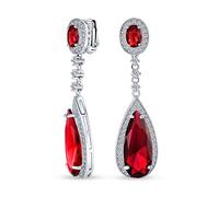 Red Long Teardrop Cubic Zirconia Dangle Statement CZ Screw Clip On Earrings Simulated Ruby Silver Plated Brass