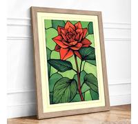 Red Lotus in Green Botanical Framed Wall Art Print A3 Oak Frame