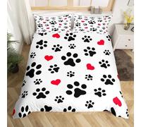 Red Love Duvet Cover 230X220,Black Dog Paw Cat Paw Footprints Bedding Set,Cartoon Love Heart Pattern Soft Microfiber Quilt Cover for Kids Girls Boys Bedroom Decor King
