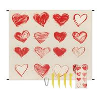 Red Love Heart Beach Blanket Sandproof Waterproof Lightweight Beach Mat for Travel, Camping, Hiking, Picnic, Festivals with 4 Stakes, 1 Travel Carry Bag, 1 Carabiner