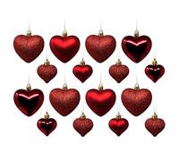 Red Love Heart Christmas Bauble Decorations - Glitter Shiny Matt - Set of 16