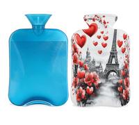 Red Love Heart Paris Eiffel Tower Hot Water Bottle with Cover, 2L Hot Water Bag for Pain Relief, Neck and Shoulder, Hand Feet Warmer
