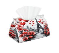 Red Love Heart Paris Eiffel Tower Tissue Box Cover Pu Leather Tissue Holder Long Decorative Organizer For Office Car Home Bathroom Napkins and Facial Dispenser
