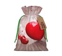 Red Love Heart Printed Christmas Drawstring Bags,M | Reusable Xmas Gift Storage Bags, Green Christmas Ribbon
