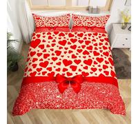 Red Love Heart Romantic Duvet Cover 135X200,Modern Aesthetic Art Bow Print Bedding Set for Teens and Adults Valentines Gift,Gold Glitter Soft Microfiber Quilt Cover Single