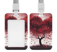 Red Love Heart Tree Badge Holder with Lanyard - Waterproof Hard Plastic ID Card Holder Professional Name Tag Vertical ID Card Name Badge for Office Nurse Doctor Teacher