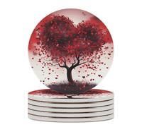 Red Love Heart Tree Drink Coasters with Holder for Coffee Table,Ceramic Coaster with Cork Base,Ceramic Stone Coaster for Iced Cold Or Hot Drinks,4.1 Inches