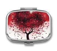 Red Love Heart Tree Pill Box 2 Compartment - Small Metal Medicine Organizer Portable Pill Case for Purse Pocket Travel Vitamin Organizer for Men Women, BPA-Free