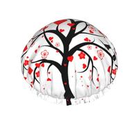 Red Love Heart Tree Printed Double-Layer Shower Cap, Reusable Shower Cap, Suitable For Various Hair Lengths