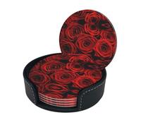 Red Love Roses Print Chic Round Leather Coasters â€“ Set Of 6 Full-Print Coasters In A Premium Pu Leather Storage Box