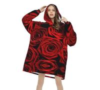 Red Love Roses Print Flannel Light And Soft Blanket Hoodie For Women Men Adults Teens, Oversized Fleece Hoodie, One Size Fits All