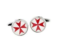Red Maltese Cross Round Design Cufflinks, Presented in a Personalised Engraved Box