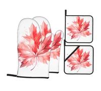 Red Maple Leaf Print Oven Mitts & Pot Holders Set of 4 â€“ Non-Slip Mitts High Heat Hot Pads for Kitchen Cooking