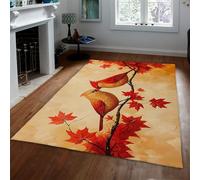 Red Maple Leaves Area Rug 180x270cm Elegant Birds on Tree Branch Oil Painting Rugs Low Pile Non-Shedding Rectangular Carpet for Bedroom Living Room