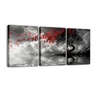 Red Maple Leaves Canvas Wall Art Set of 3, Chinese Style Poster Prints Nature Rustic Floral Wall Art for Living Room Bedroom Décor, Landscape Painting Print Chinese Ink Wash Painting Wall Decor