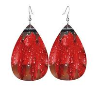 Red maple leaves with dew Women's Teardrop Leather Earrings - Lightweight PVC Dangle Earrings, 925 Silver Hooks, Double-Sided Prints | Hypoallergenic Gift