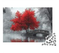 Red Maple Tree Jigsaw Puzzle for Adults 1000 Piece Paper Puzzle Game Bridge Over Lake Focus Home Decor Gift 38x26cm/1000pcs