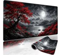 Red Maple Tree Night Mountain Extended Gaming Mouse Pad, Black White Moon Lake Large Desk Mat, Waterproof Non Slip XXL Mousepad with Stitched Edges for Home Office 35.4 x 15.7 x 0.12 Inch