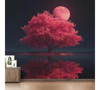 Red Maple Tree Wallpaper for Living Room, Moonlit Night Wall Mural for Bedroom 130x80 cm, Non-Woven Photo Wallpaper, Home Decor D&O120