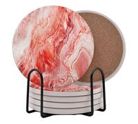 Red Marble Round Coasters Set of 6 - Abosrbent Ceramic Coasters with Metal Stand for Drinks, Coffee, Non-Slip Cork Back for Tabletop Protection, 4 Inches Marbled Pattern (Red)
