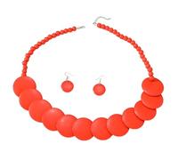 Red Matte Wood Disc Necklace Set for Women, Solid Crimson Bead Chain with Matching Earrings, Bold Bohemian Style for Party Holiday