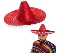 Red Mexican Sombrero - Pack of 12 - Straw Sombrero with White Pom Pom Fringe - Adults Mens Womens Mexico Mariachi Bandit Cinco de Mayo Fancy Dress Costume Accessory